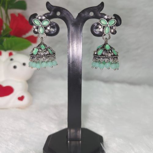 Mint Green Floral Oxidized Silver Jhumka - Image 2