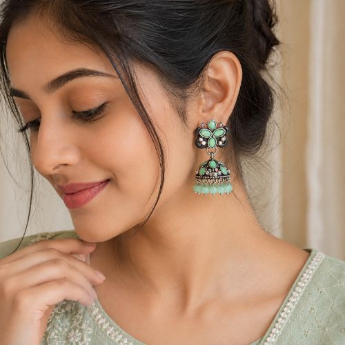Mint Green Floral Oxidized Silver Jhumka